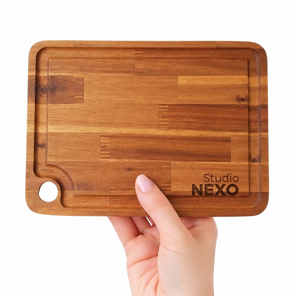 Tabla de Asado Eucalipto con Canaleta y Posavasos 20x30 cm | Studio NEXO
